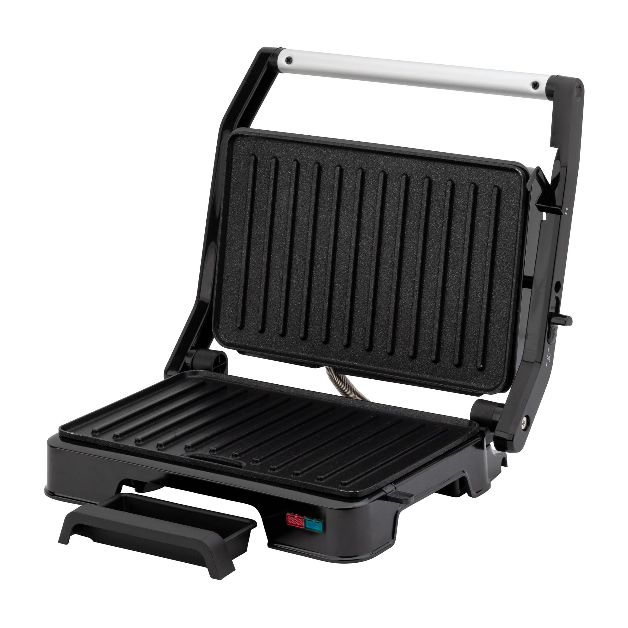 JATA JEGR1124 - Parrilla eléctrica y grill con placas rayadas antiadherentes de 23 x 14,5 cm. 1000 W. Cocina todo tipo de alimentos. Tapa superior basculante. Apertura 180º. Clip de cierre