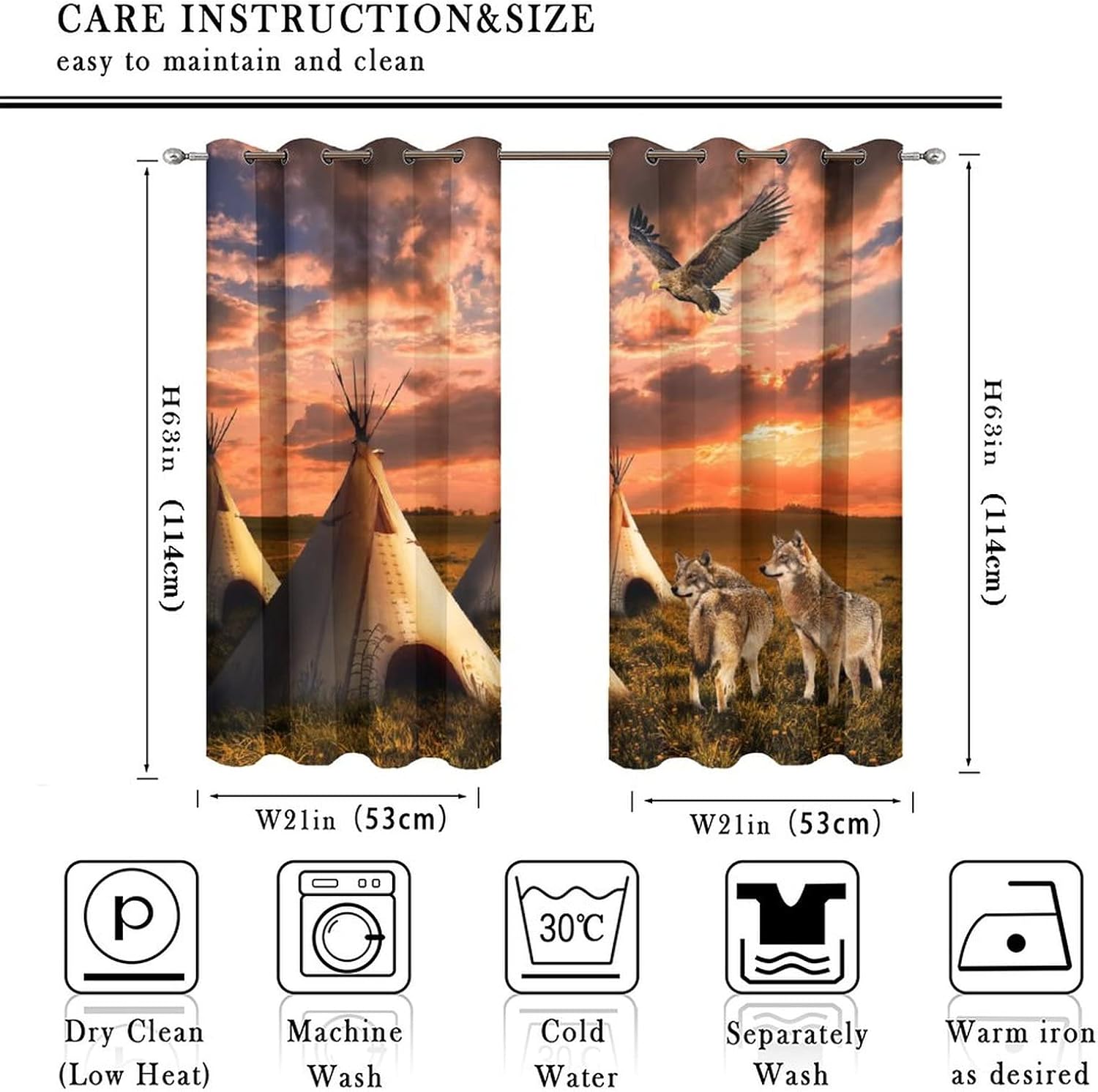 Tribal American Western Curtains,Rustic Western Grassland Tribal Sunset Tent Eagle Wolf Window Treatments Thermal Insulated Grommet Blackout Curtains for Bedroom 2 Panels 45L x 21W