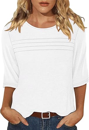 KISSMODA Women's Casual 3/4 Sleeve T-Shirts Round Neck Cute Tunic Tops Basic/Pleated Summer Tops Trendy Spring Blouses