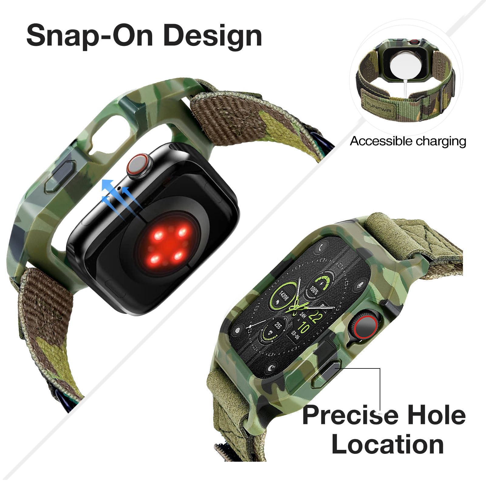 SUNFWR Bracelets Apple Watch compatibles avec Apple Watch 44 mm, 45 mm, 49 mm avec étui, en nylon Velcro robuste avec étui de protection pour iWatch Series 8/7/6/5/4 SE pour homme