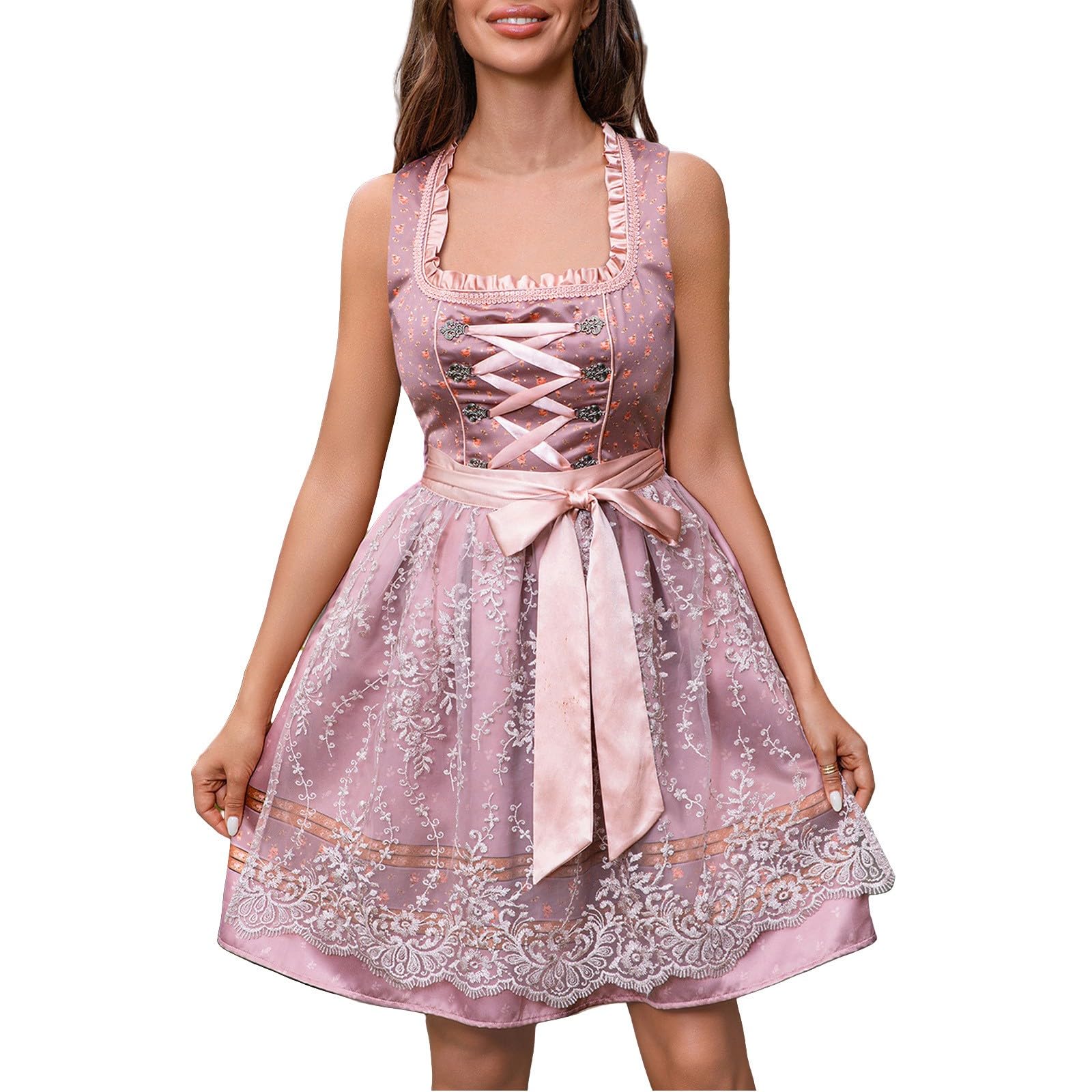 Dirndl Damen Midi - Trachtenkleid Damen Kurz Dirndlkleid Rosa Trachtenkleider Modern Tracht Kleid Bayerisches Trachtenmode Trachten Kleidung Trachtenrock für Oktoberfest Besondere Anlässe