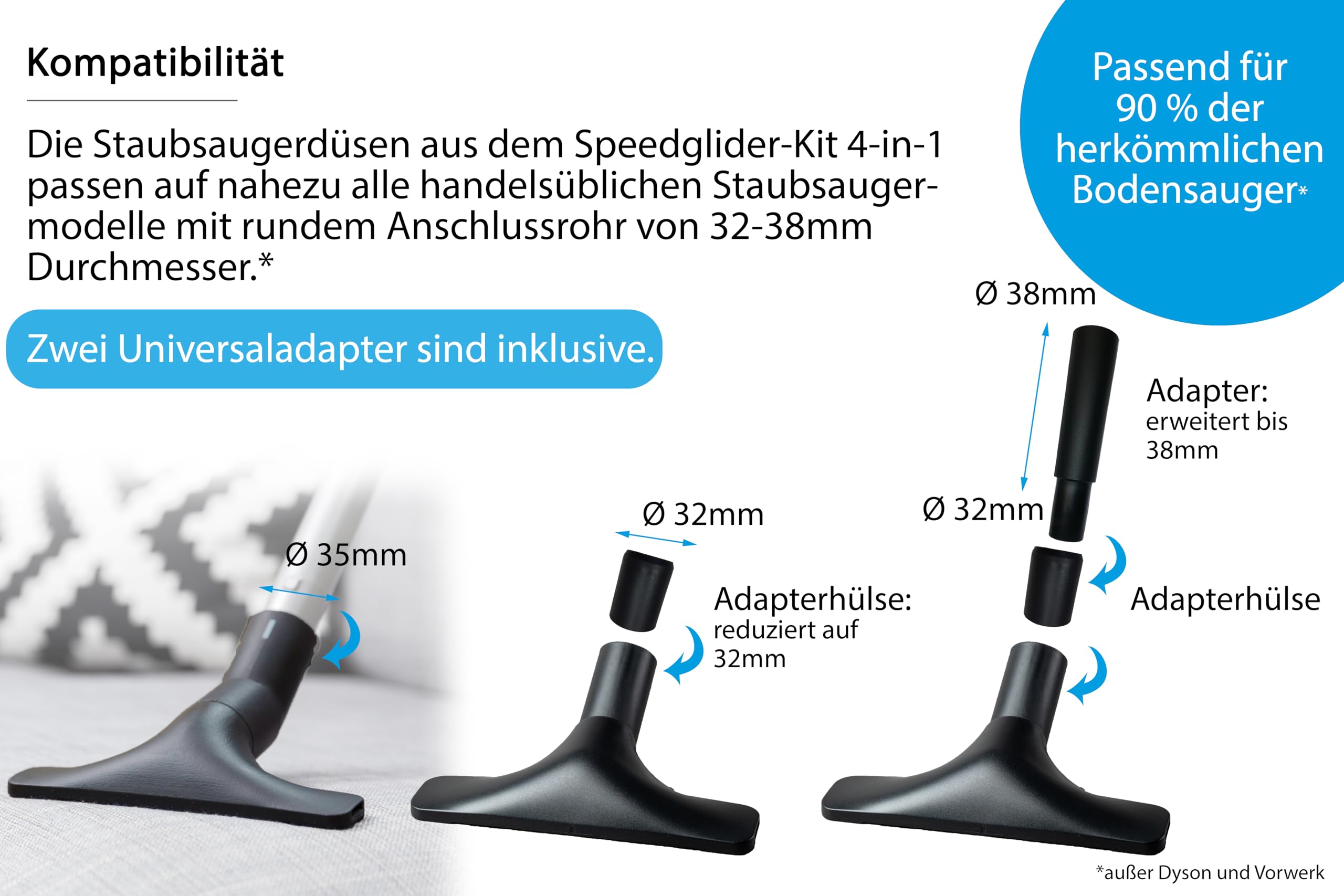 Wessel-Werk Speedglider Kit Hartboden 4-in-1 | Staubsaugerdüsen-Set für Teppich, Hartböden, Möbel, Polster | 4-teilig | inklusive Universal-Adapter | passend von 32-38mm