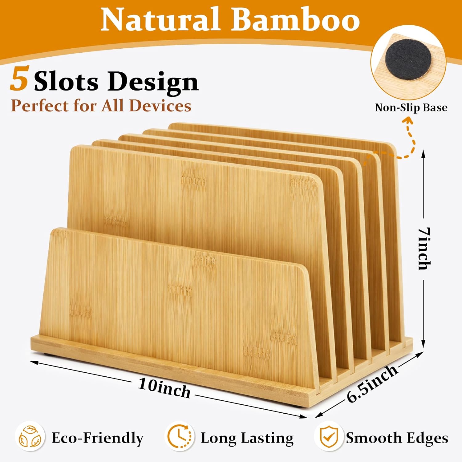 Unittype Bamboo Multi Device Organizer, 5 Slots Vertical Laptop Storage Rack, Computer Charging Station for Smartphones, Tablets and Laptops, Space Saving Organizer for Home Office