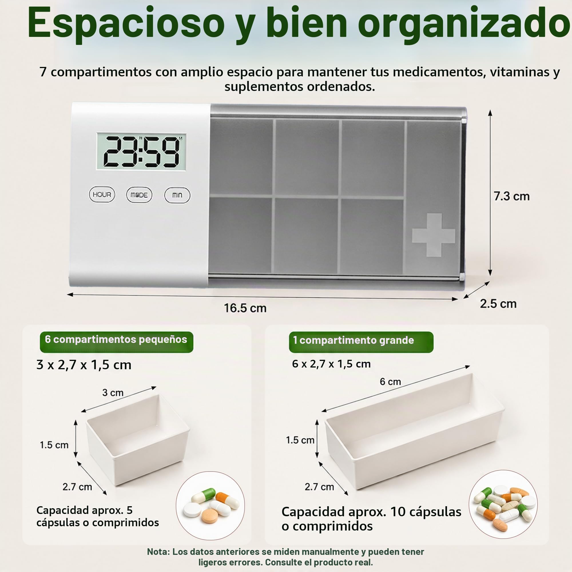 Pastillero Electrónico con Alarma para Mayores, 5 Recordatorios Diarios
