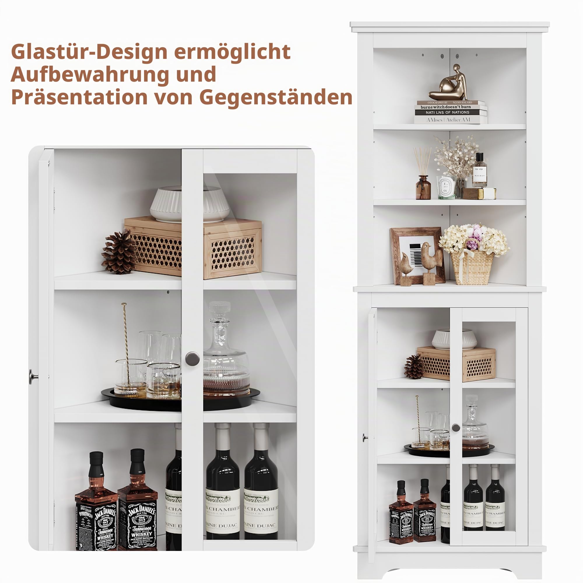 Garvee Vielseitige Eckvitrine im Landhausstil – Freistehender 5-stöckiger Schrank, 165 cm hoch, mit 3 verstellbaren Einlegeböden – Für Wohnzimmer, Küche, Esszimmer oder Bad – Weiß – Farbe: White
