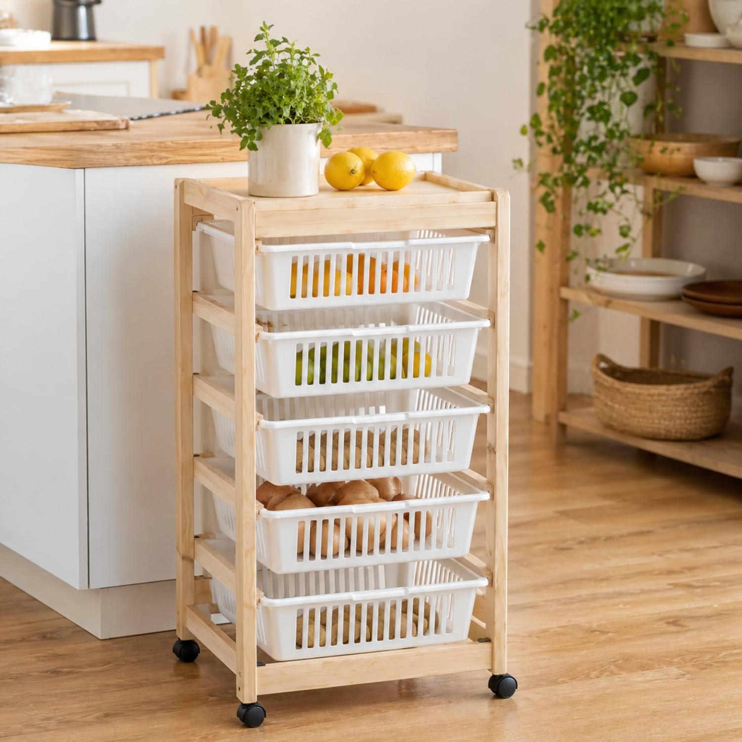 Paluplus Carrello per verdure a 5 ripiani in Legno Naturale, misura 45x30x85,5 cm, 5 Cestelli in Plastica con Vassoio Portaoggetti e 4 Ruote girevoli, Scaffale da cucina per frutta e verdura -6015F -4