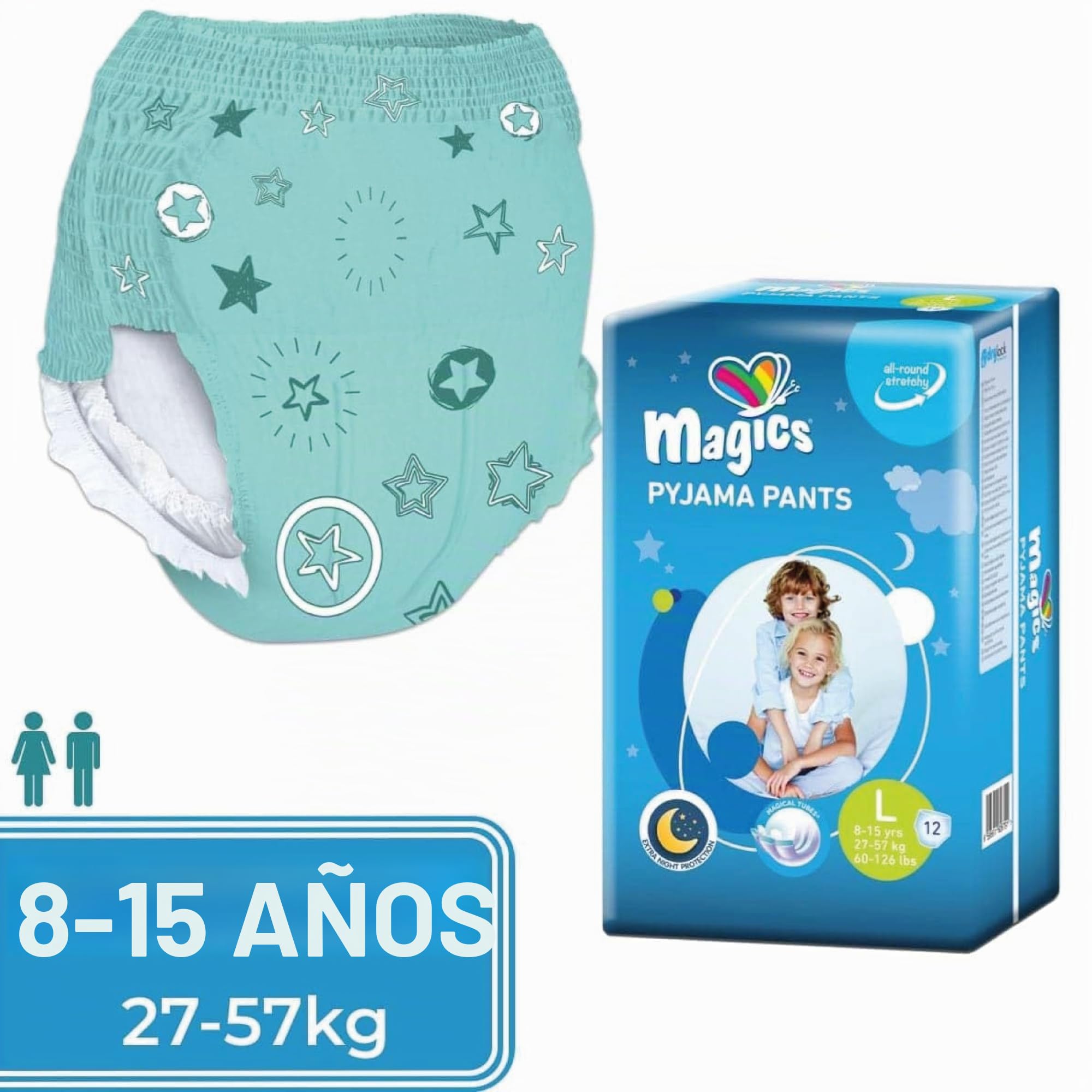 Magics Pyjama Pants - 24x Pañales para Niño 8-15 Años - Talla L (27-57 kg) - 72 Pañal por Durante la Noche con Protección Anti-Fugas, 6 Paquetes de 12