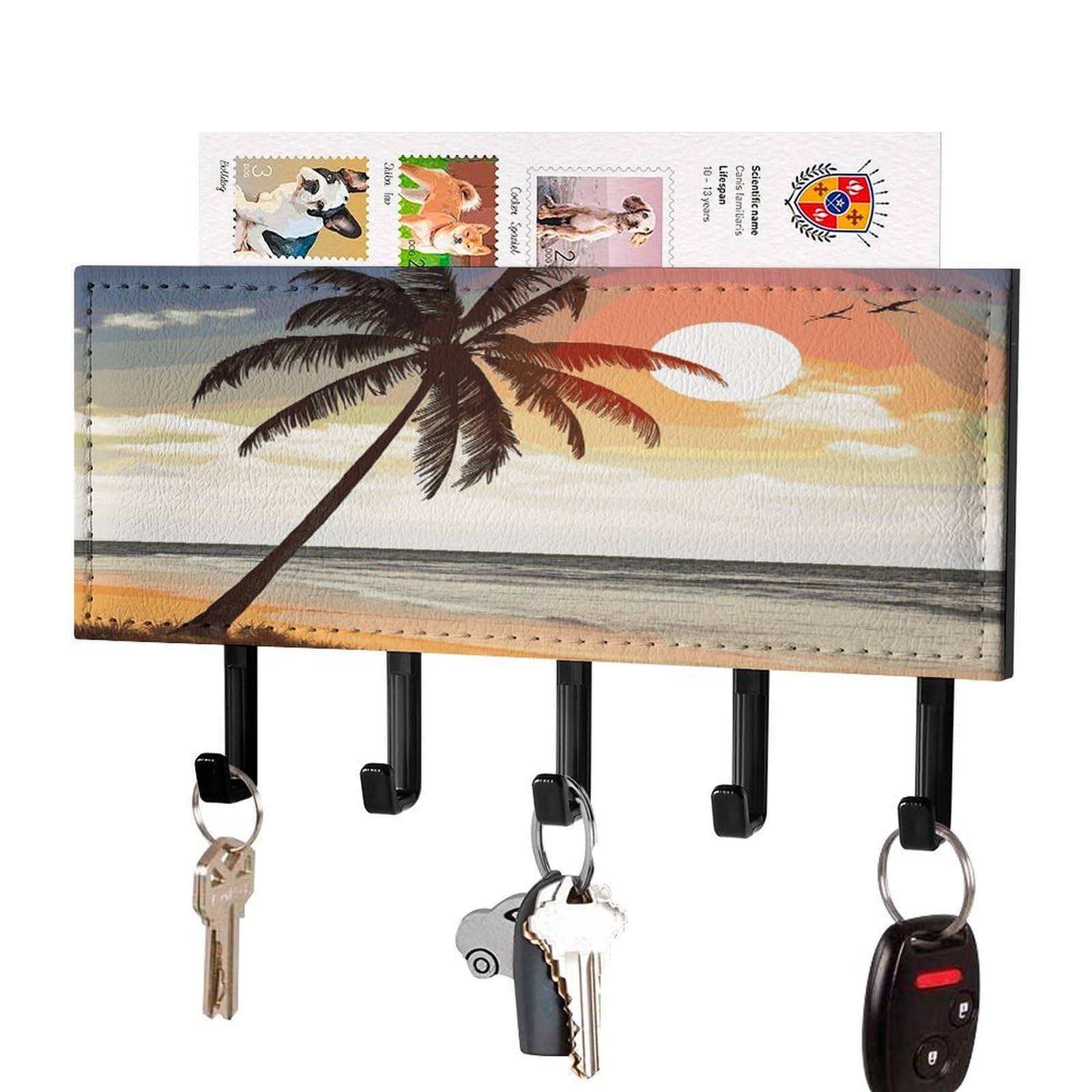 Fekiloot Black-Style Palm Tree On Beach Key Holder For Wall Decorative Mail Organizer With 5 Key Hook Self Adhesive Key Rack With Tray Coat Rack Wall Mount Key Hanger Decor For Entryway Door