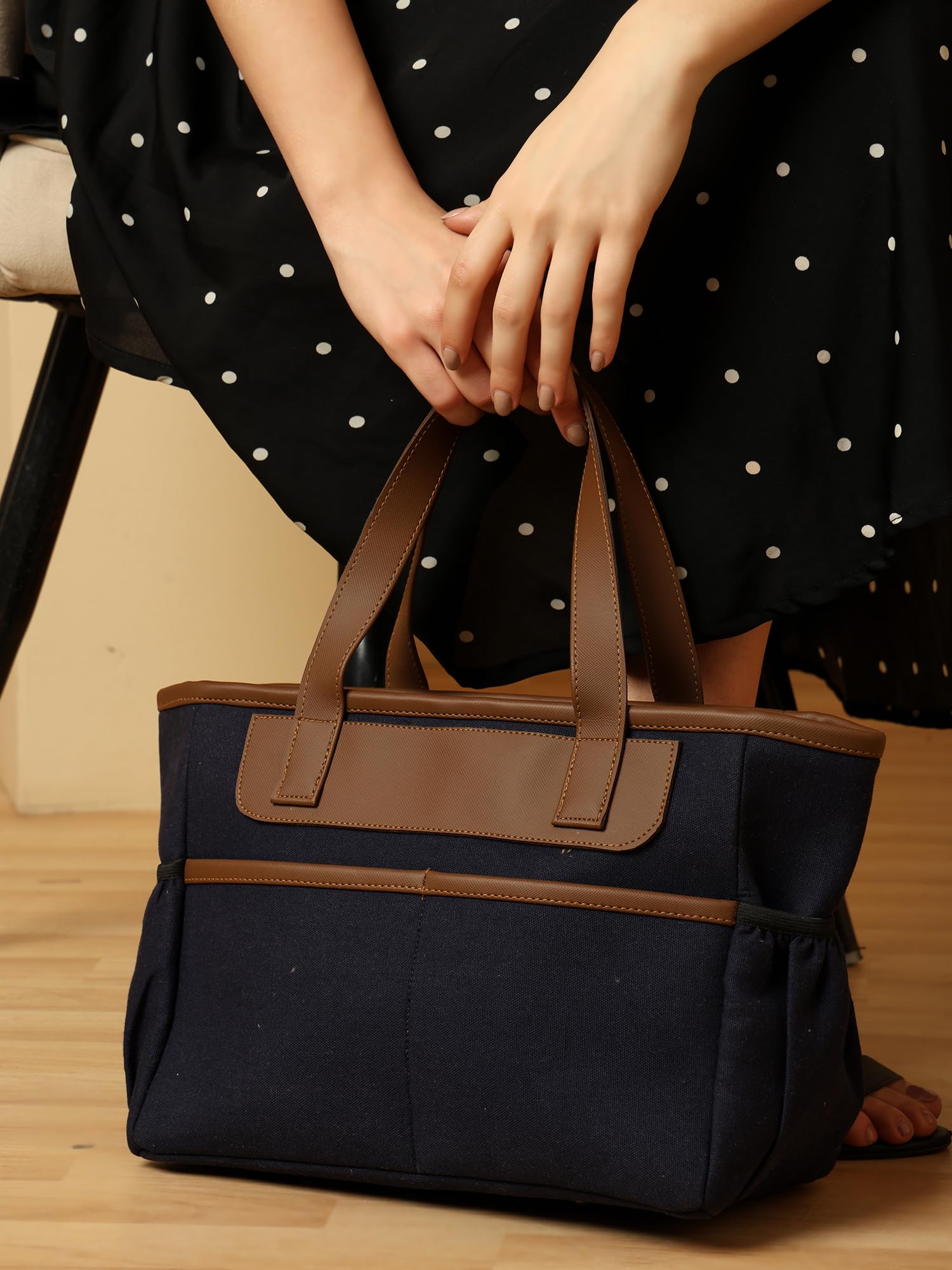 ENSAC Women’s Navy Blue Tote Lunch Bag, Large Stylish Hand Insulated Lunch bag with Brown Handles | Thermal Lunch Tote for Office, School, Picnic & Travel 3