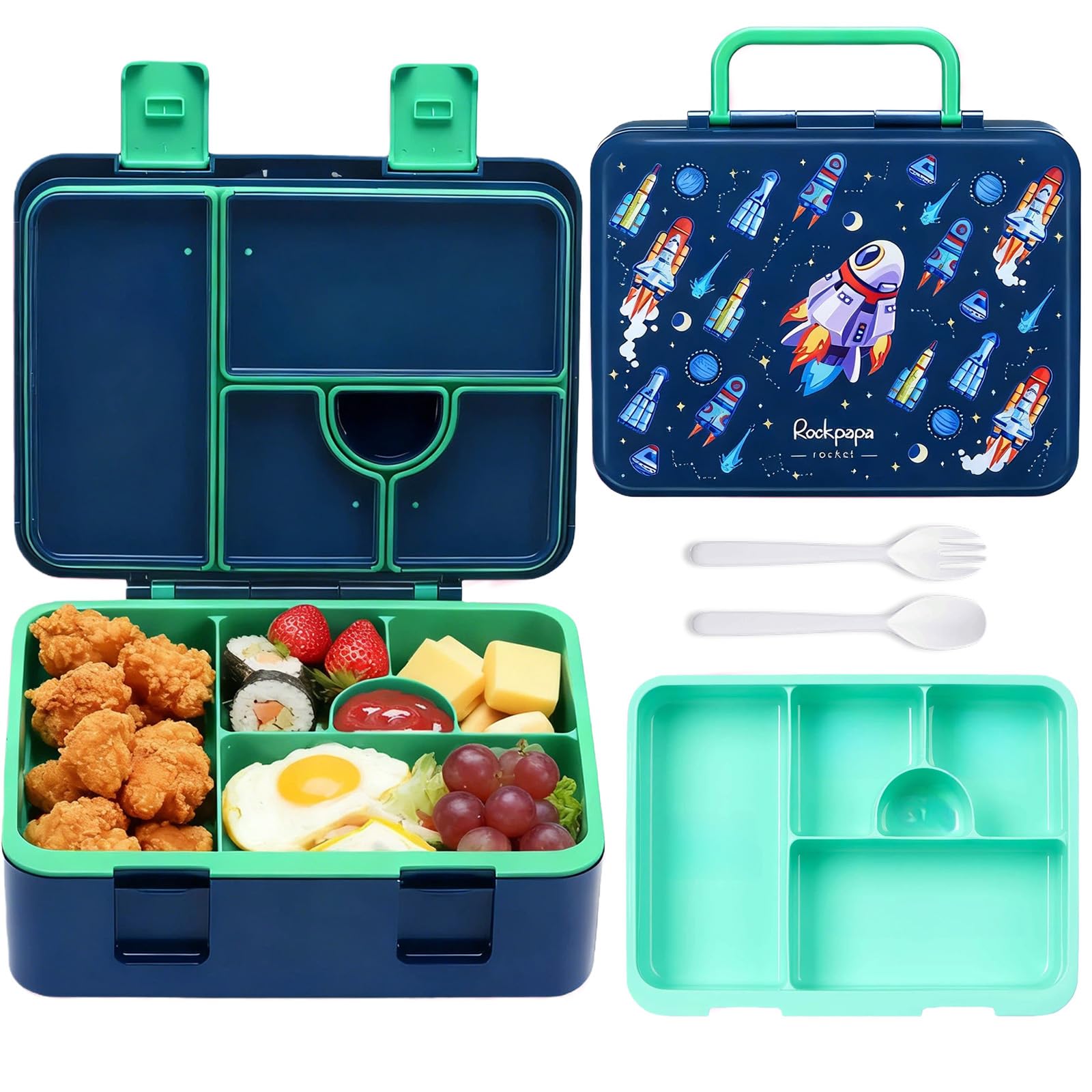 rockpapa 5.5 Cups Bento Lunch Box for Kids, 5-Compartment, Rocket