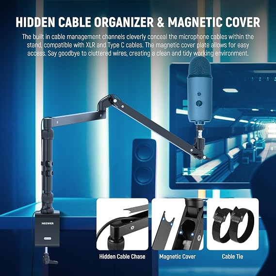 NEEWER Microphone Arm Stand Low Profile Mic Arm Table Mount with Damping 360° Rotating Boom Arm with Raised Rod and Cable Management Channels for Podcast Gaming Streaming Calls MST002