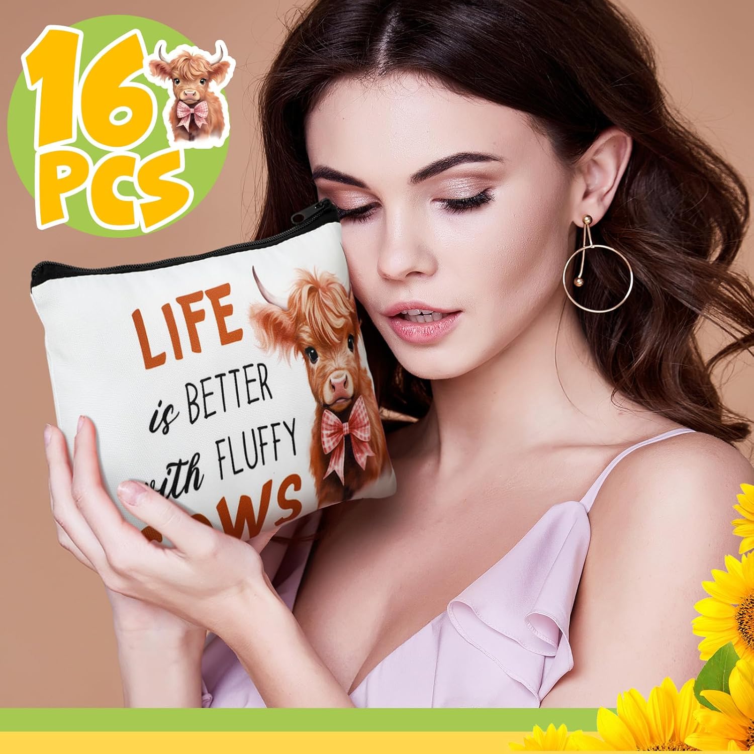 Pinkunn 16 Pcs Valentines Canvas Makeup Bags Bulk Inspirational Christian Women Religious Galentine Gifts Inspirational Bible Verse Pencil Pouch Makeup Bags with Zipper for Travel(Highland Cow) - Image 2