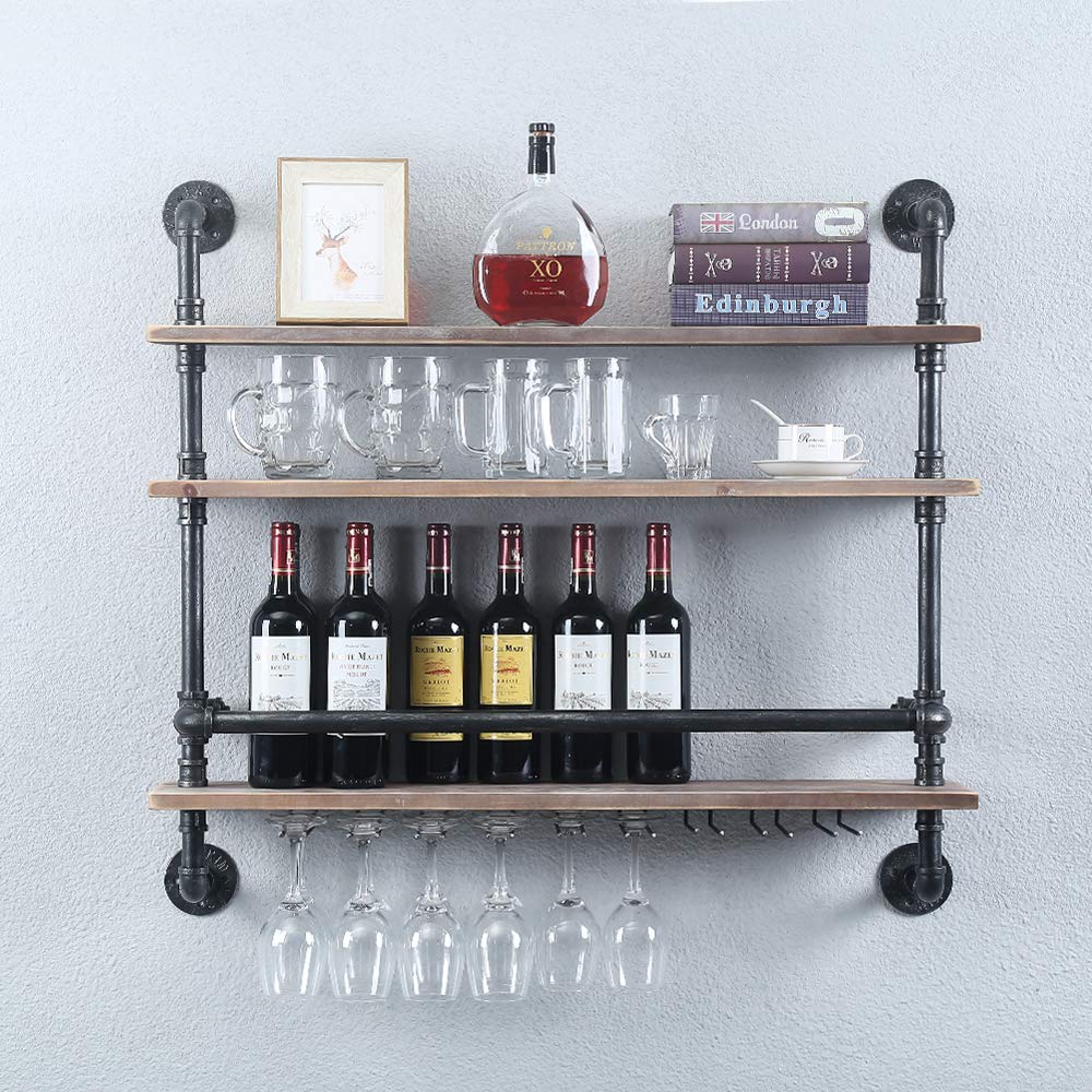 Buy Industrial Pipe Shelf Wine Rack Wall ed with 9 Stem Glass Holder,3
