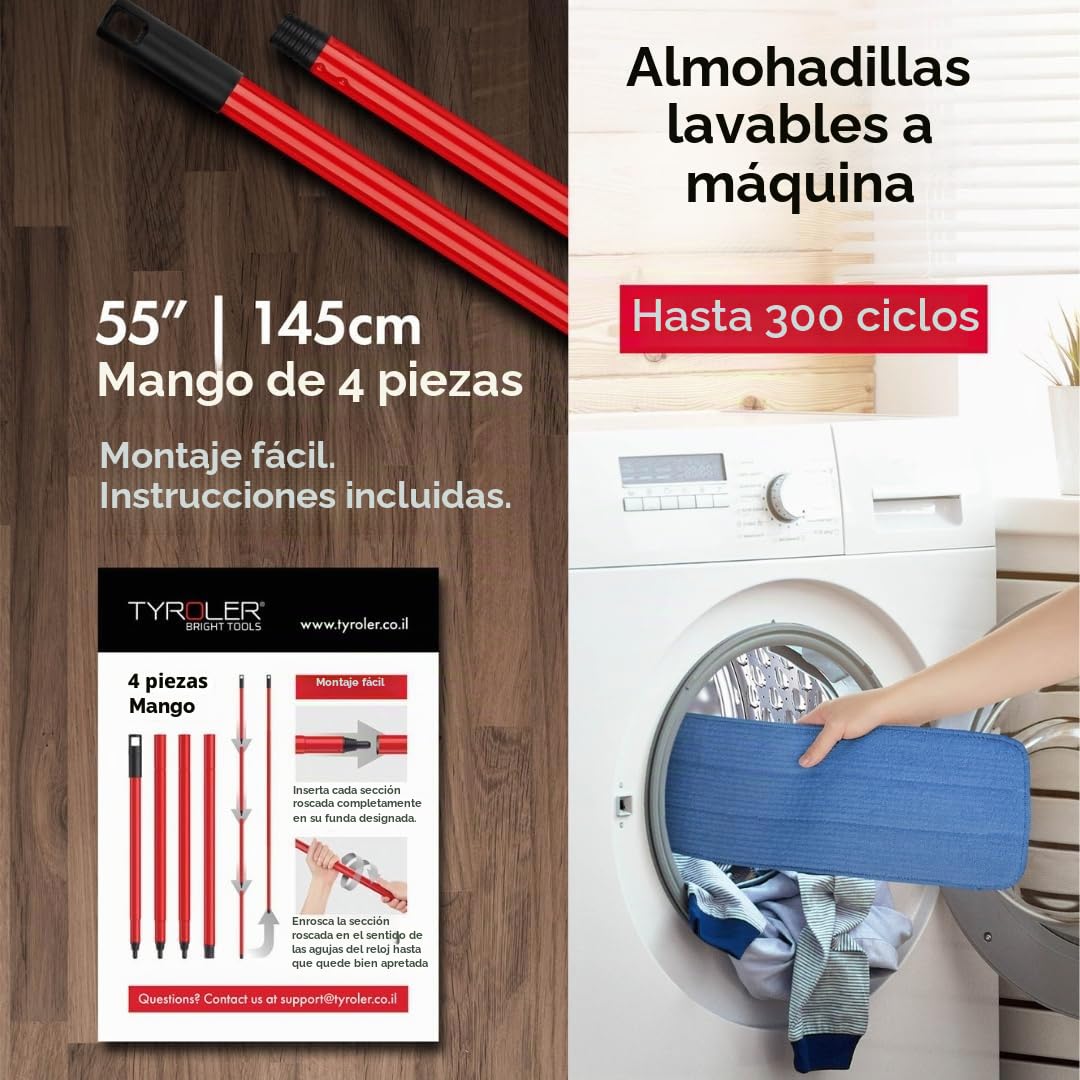 Tyroler Mop - Limpieza versátil para Suelos de parquet, Madera, laminados y baldosas, Cabeza de Silicona Flexible 100% Resistente a los arañazos | Incluye 2 paños de Microfibra adicionales