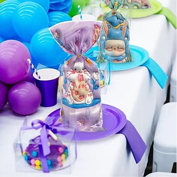 HTBMALL 100 PCS Cellophane Treat Bags, 10.8x4.9 Inch Cartoon Animal Cello Candy Bags, 3D Stand-Up Gusset Food Gift Bags for Cookies, Snacks, Popcorn, Party Favors, Birthday Goodie Wrapping Supplies
