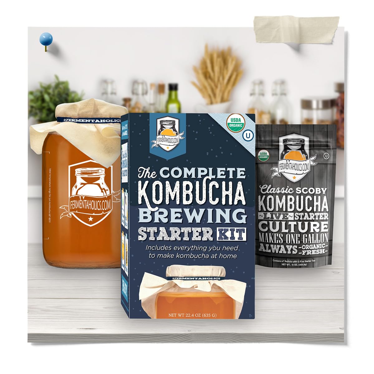 Fermentaholics Kompletny zestaw startowy Kombucha do zaparzania: Live Kombucha Scoby- fermentowany starter szklanka do herbaty do zaparzania cukru i herbaty-instrukcje i przepisy + więcej! Nie dotyczy