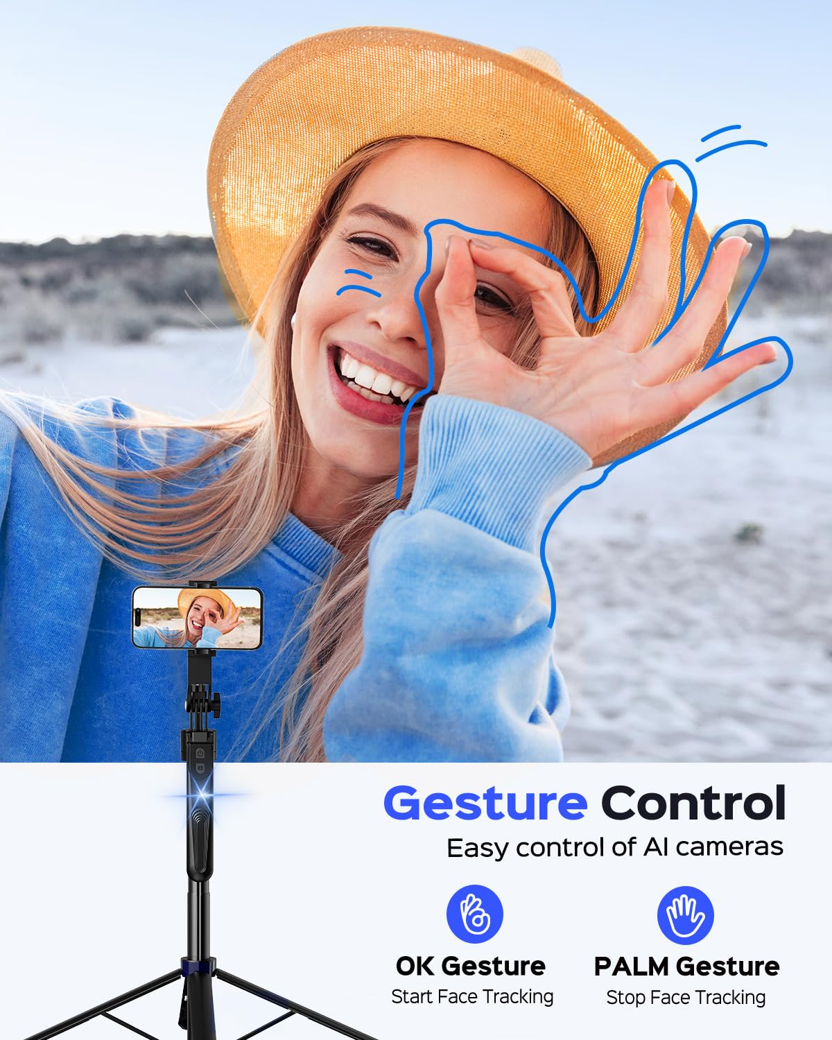 NEMOVA Trípode de seguimiento facial automático de 68 pulgadas para iPhone, trípode de teléfono con rotación de 360° con control remoto inalámbrico y soporte para teléfono, palo selfie para Android