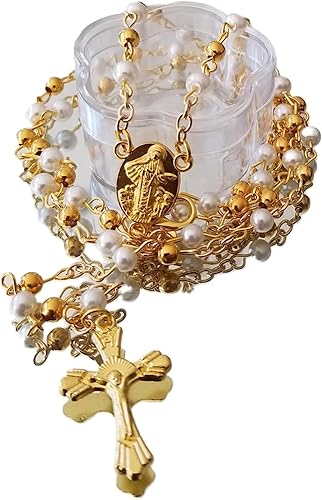 Miniatura 3 de 12 rosarios de pera sintética de San Benito al por mayor para bautismo, boda, rosario, recuerdos de perlas doradas para primera, comunión, recuerdo
