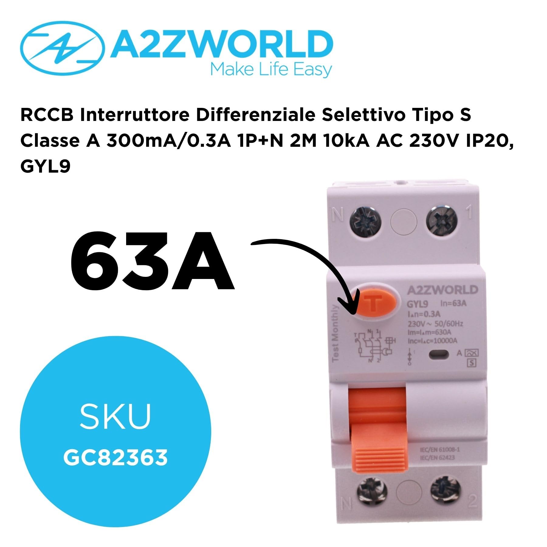 Interruptor diferencial selectivo tipo AS 300 mA/0,3 A 63 A, salvavidas tipo S Clase A 1P + N 10 kA, retraso hasta 500 ms, 2 módulos DIN 220 V AC, serie GYL9 electromecánica