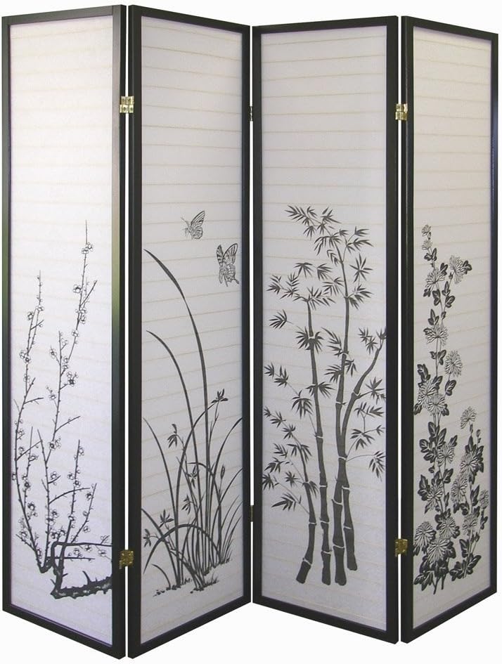 4-Panel Bamboo Floral Room Divider Screen
