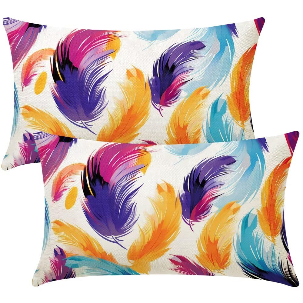 Colorful Cushion Covers 30x50 cm Set of 2 Decorative Pillows Feathers Throw Pillow Case Rectangle Cushion Cover Couch Cushions Covers for Living Room Bedroom with Invisible Zipper 12x20 Inch -SC510