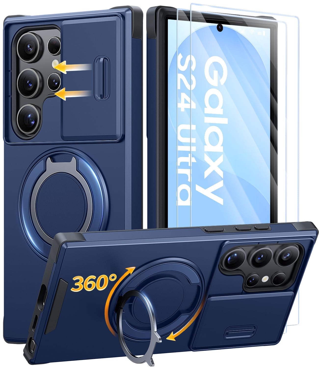 AOUIA für Samsung Galaxy S24 Ultra Hülle mit 2 Stück Panzerglas, Kameraschutz, Ringständer 360°, Militärstandard Stoßfest Handyhülle für Samsung S24 Ultra, Blau