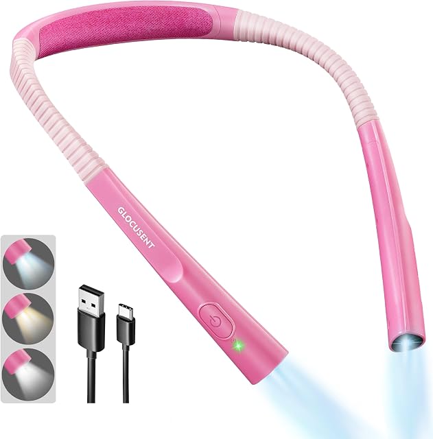 Glocusent Upgraded LED Neck Reading Light, Book Lights for Reading at Night, 30-min Timer, 3 Colours & 3 Brightness Adjustable, Perfect Rechargeable Neck Light for Reading, Knitting & Repairing