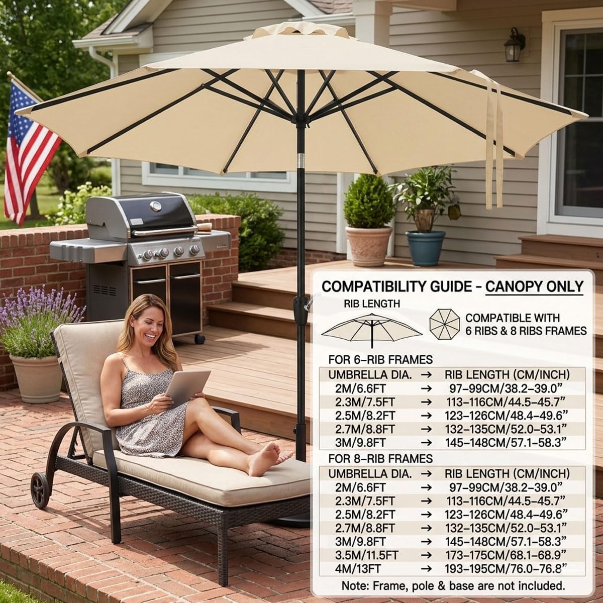 Giardino Copertura Tessuto di Ricambio, Copertura Ombrellone Patio Copertura Rechange Tessuto per Parasole Blue White 13ft(4.0m)/8ribs