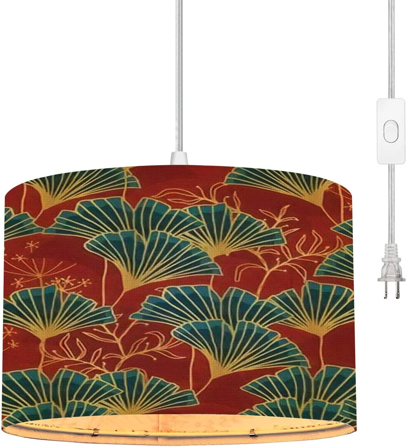 Plug in Pendant Light cute ginkgo leaves brown Fall ornament Foliage Hanging Lamp with Plug in Cord 16.4 ft Dimmable Switch Fabric Shade Hanging Light for Bedroom Kitchen Island Living Room