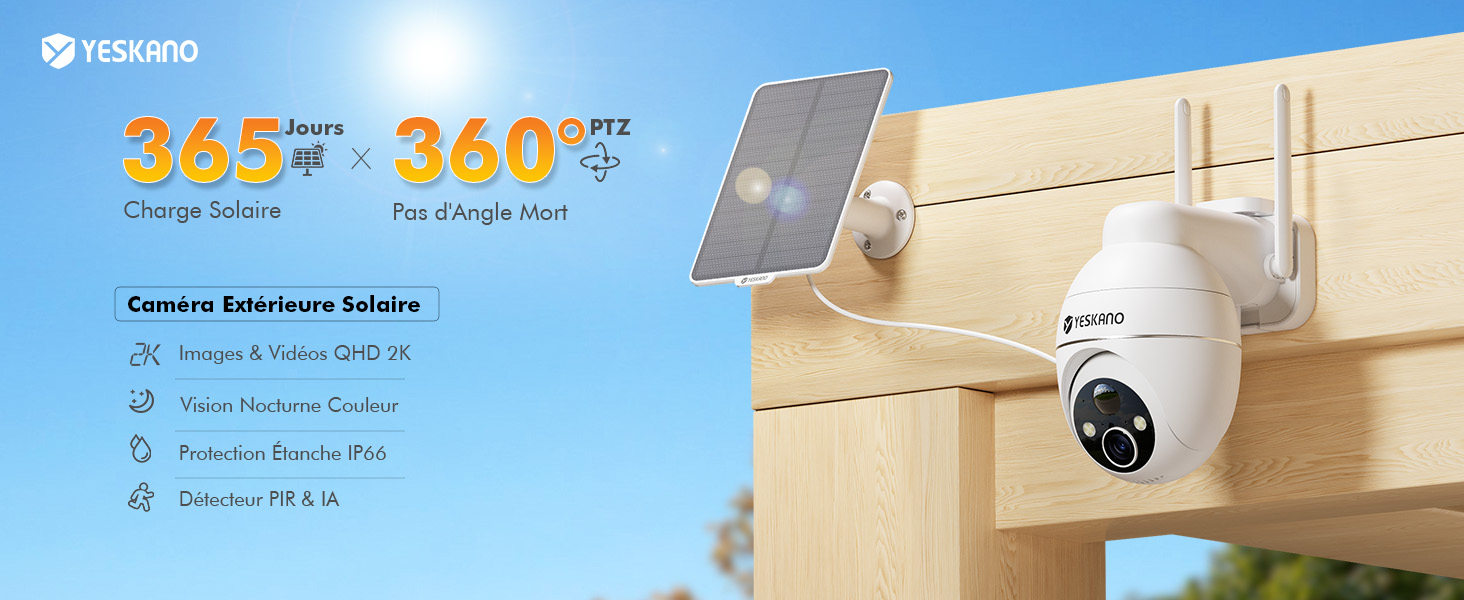 Caméra De Sécurité Solaire WiFi 4K Double Lentille - PTZ 360°, Vision Nocturne Couleur, Détection PIR 12m, IP66 - 8