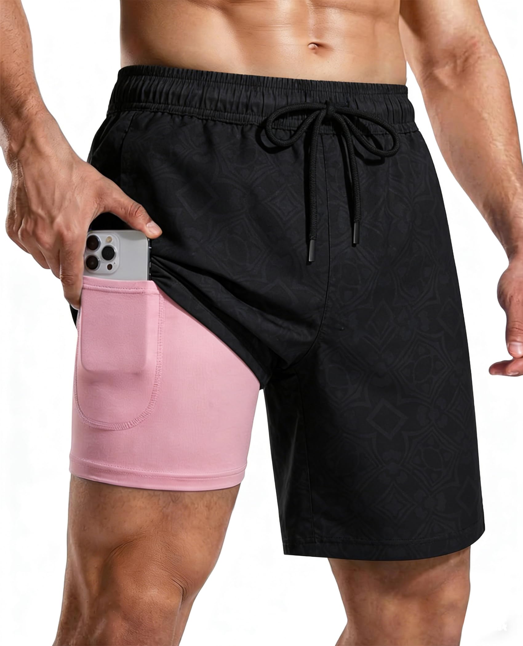 CoozySphere Men's Swimming Trunks with Compression Liner 2 in 1 Swim Shorts with Zipper Pockets Quick Dry Stretch