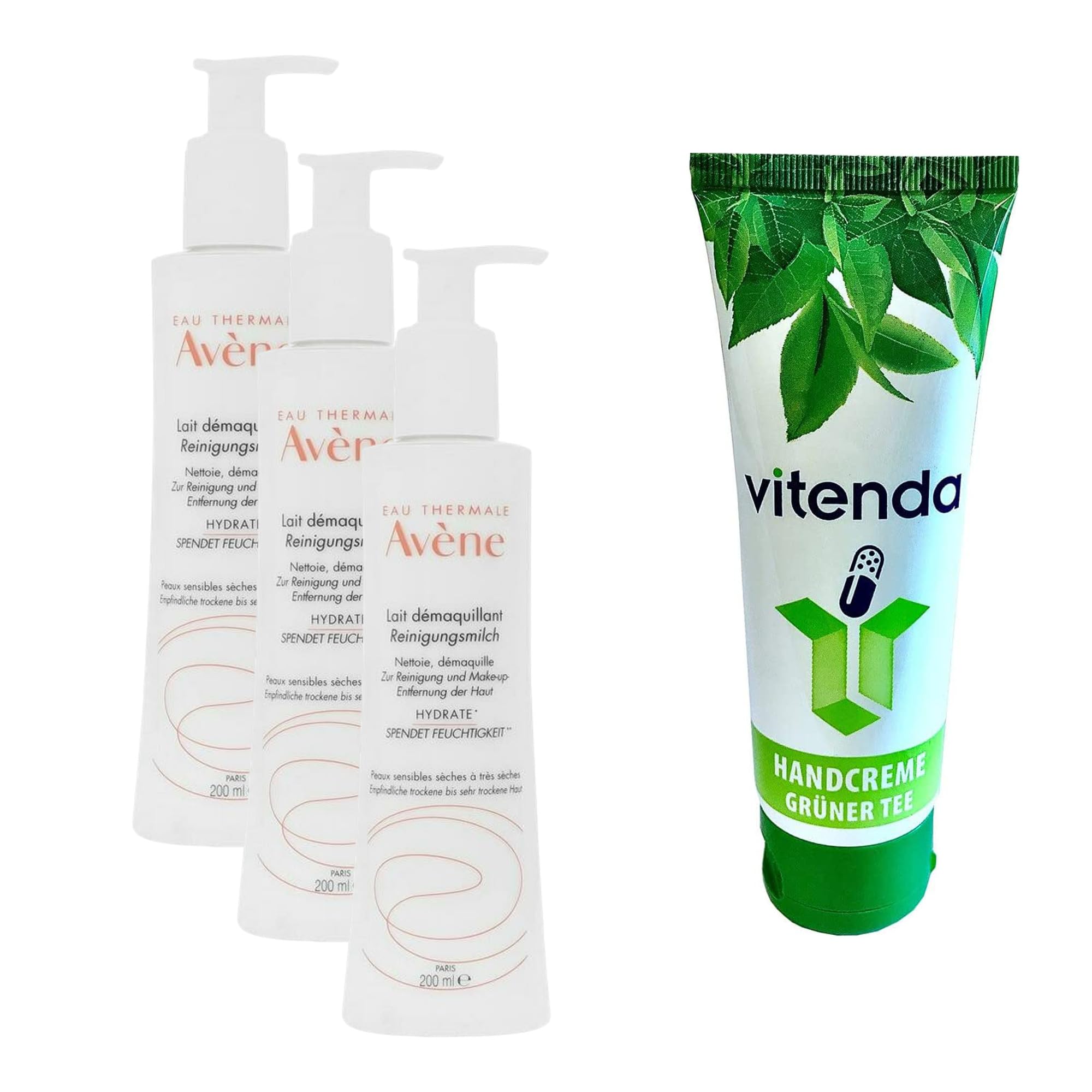 Set: Sanfte Gesichts-Reinigungsmilch mit Avène Thermalwasser für empfindliche trockene Haut, 3x200ml – inkl. vitenda Handcreme