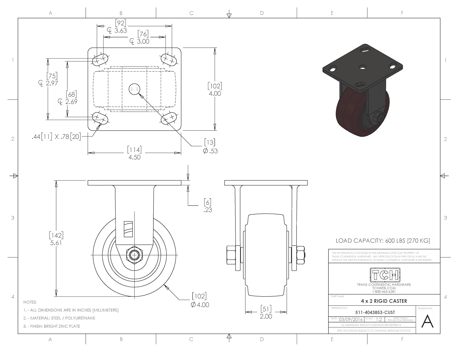 TCH Hardware 4" x 2" Maroon Polyurethane Rigid Caster