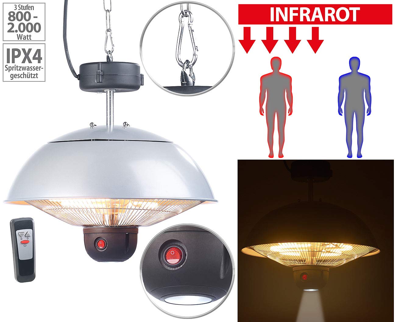 Semptec Urban Survival Technology Deckenheizstrahler: Infrarot-Decken-Heizstrahler m. Fernbed., 800-2.000 Watt, LED, IPX4 (Wärmelampe, Infrarot Deckenstrahler, Decke)