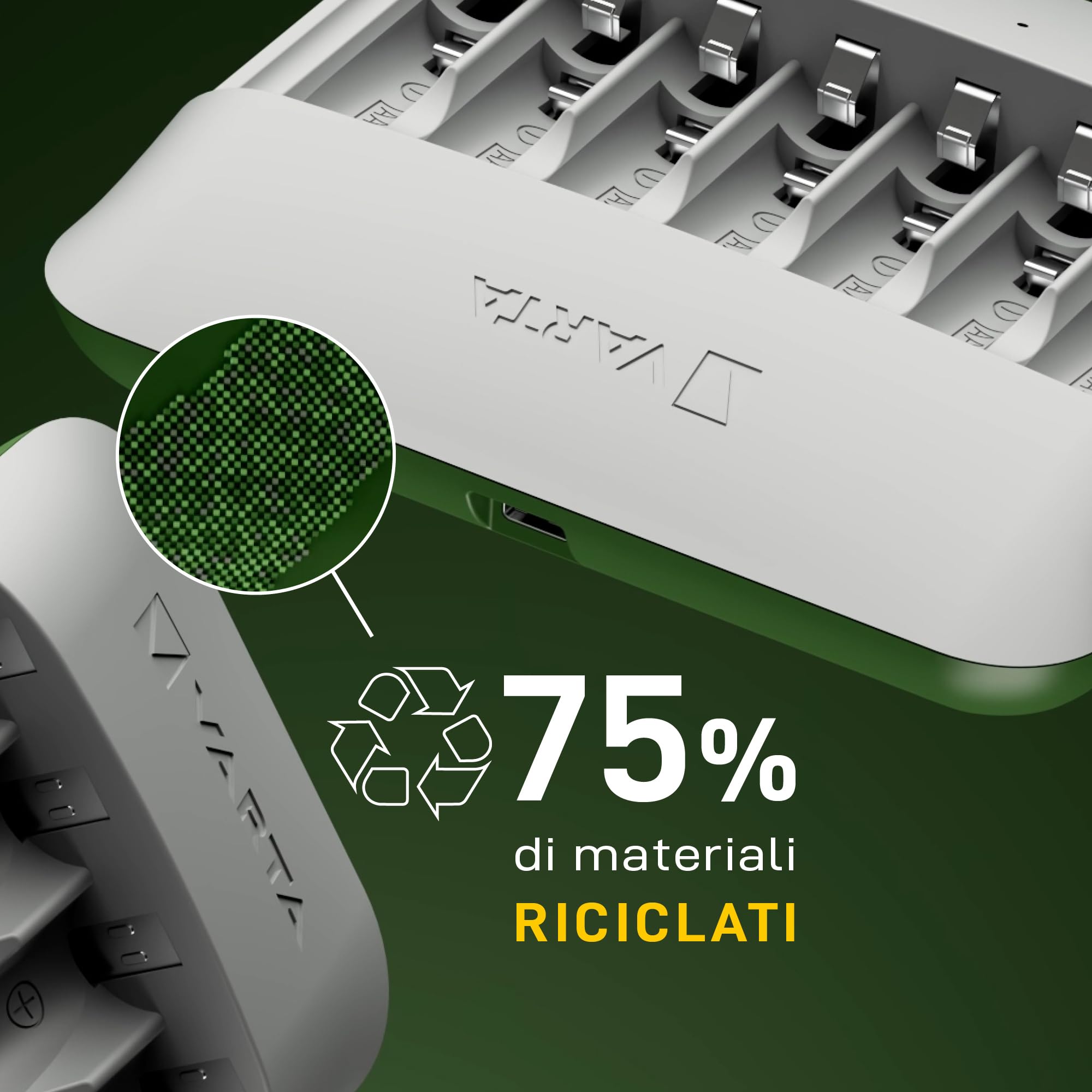 VARTA Caricabatterie per 8 AA/AAA, Eco Charger Multi Recycled | per pile ricaricabili NiMH, 75 % di materiale riciclato, Incl. 8x AAA 2100 mAh