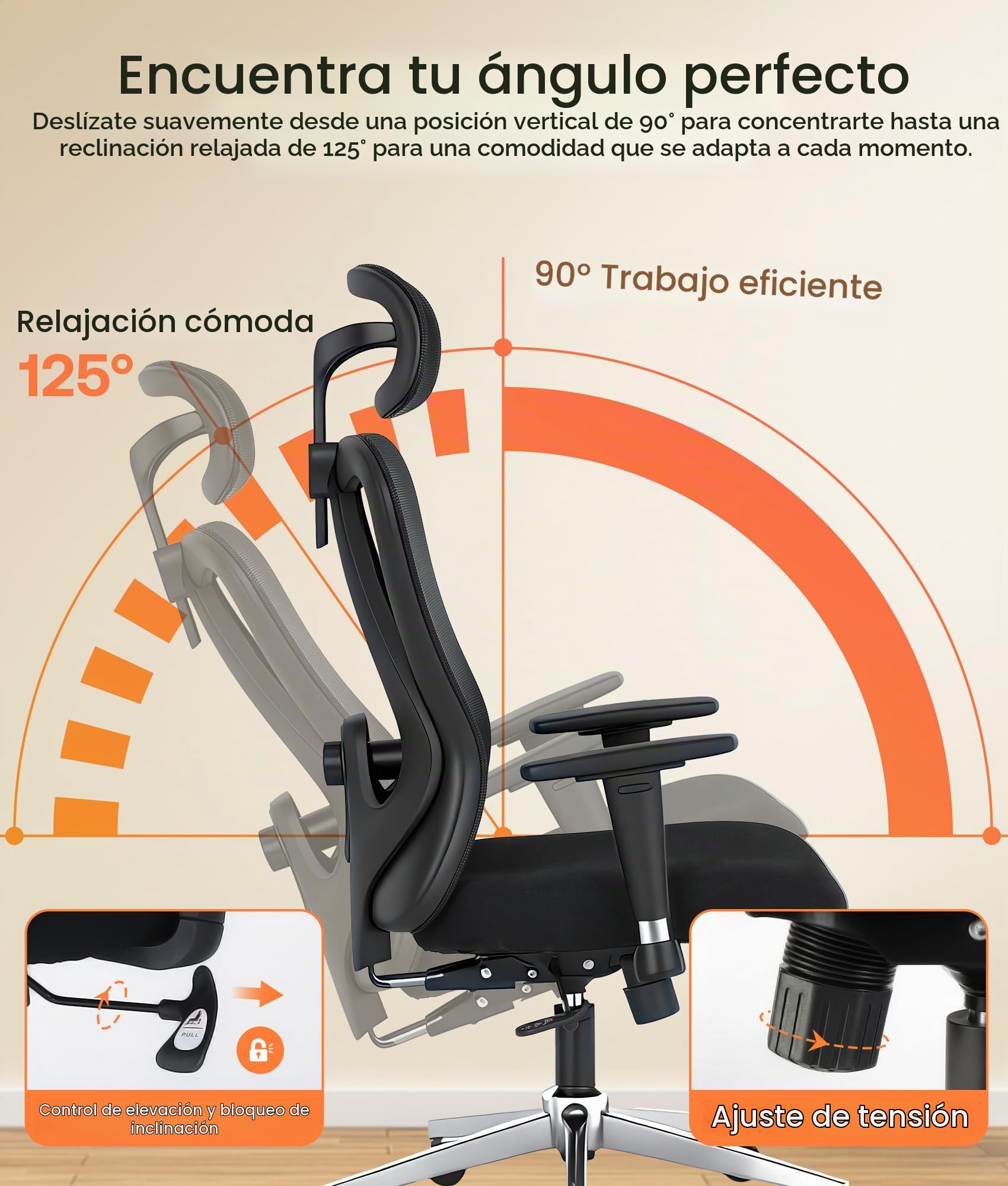 ADOV Silla Oficina Ergonómica con Reposacabezas, Reposabrazos 3D, Soporte Lumbar, Silla Escritorio Giratoria 130° con Altura Ajustable y Respaldo de Malla para Oficina o Teletrabajo