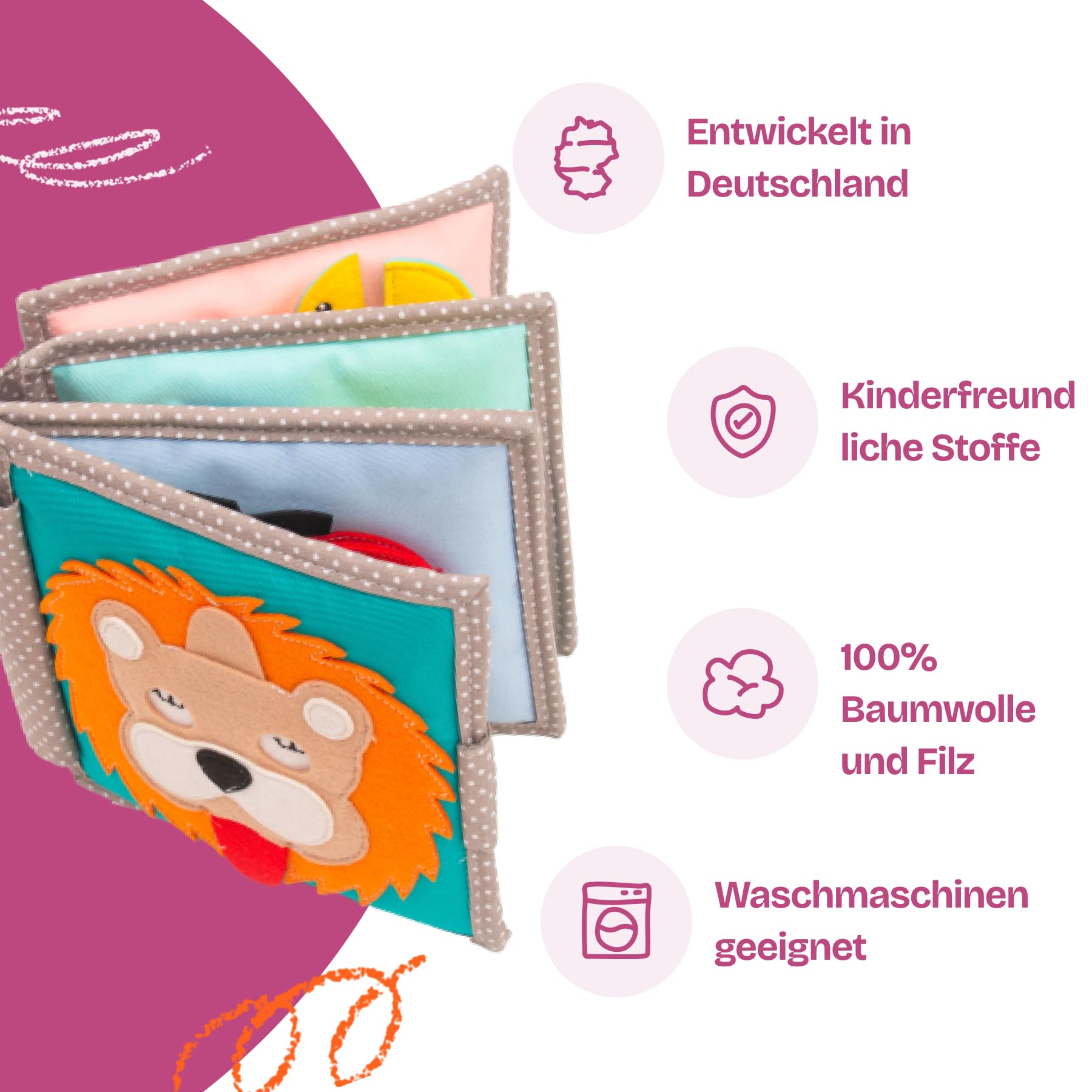Jolly Designs Mini Quiet Book Dösender Leone - Montessori Giocattoli a partire da 1 anno - Libro in stoffa & Busy Book senza parti allentate - Giocattolo educativo in feltro - Libro motore per neonati
