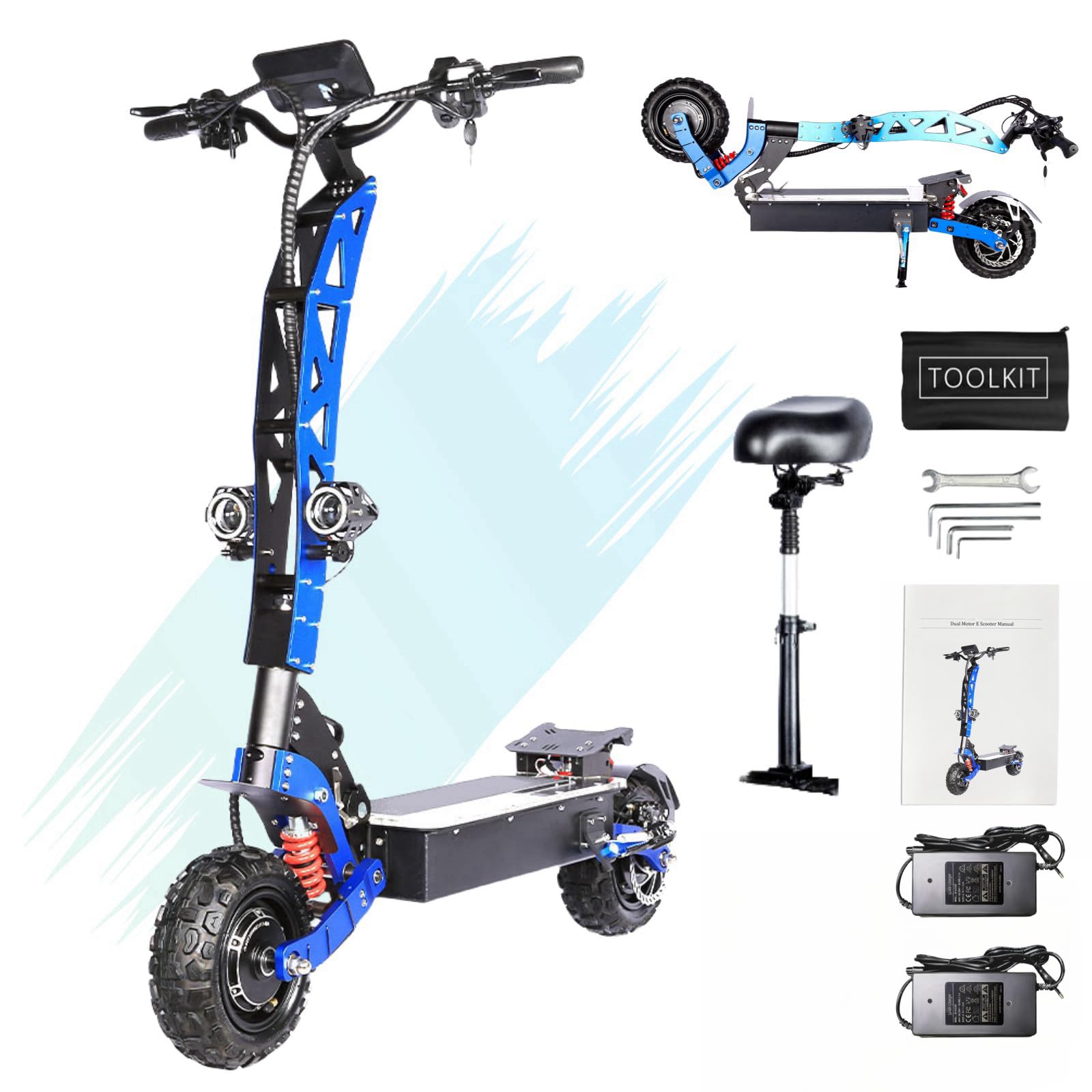 6000W Electric Scooter, 50Mph Top Speed, 70 Miles Range, 60V/35Ah Large Battery, 11" Off Road Tires, 330Lbs Max Load, Folding Scooter, Electric Scooter with Seat for Adults