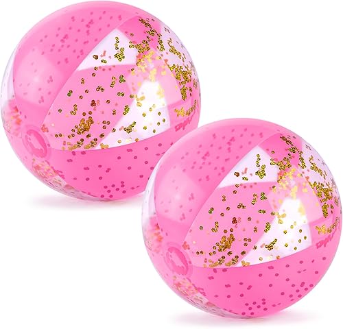AMOR PRESENT 2 bolas de playa inflables, bolas de playa con purpurina de 16 pulgadas, bolas rosas para niños pequeños, piscina, fiesta, verano