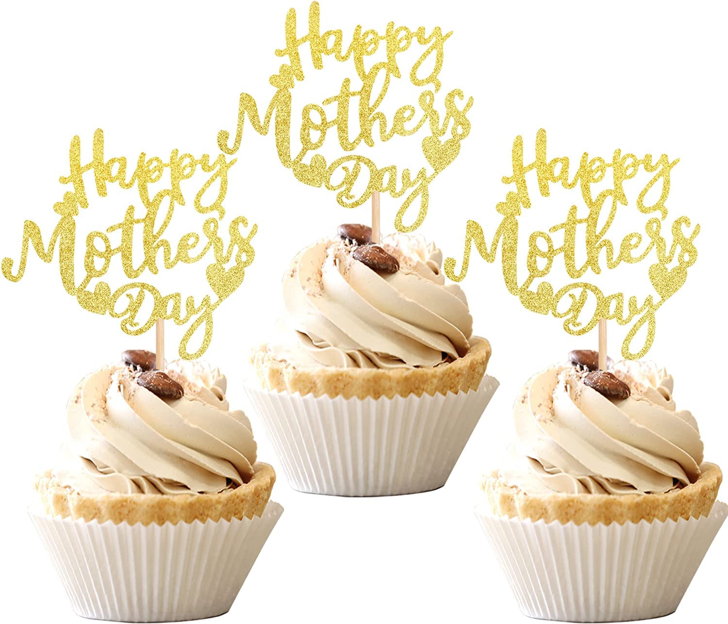 24 Stück Happy Mother's Day Tortendeko Glitter Happy Mother's Cupcake Toppers Liebe Herz Kuchen Deko für Glücklicher Muttertag Thema Frauen Geburtstag Party Gold