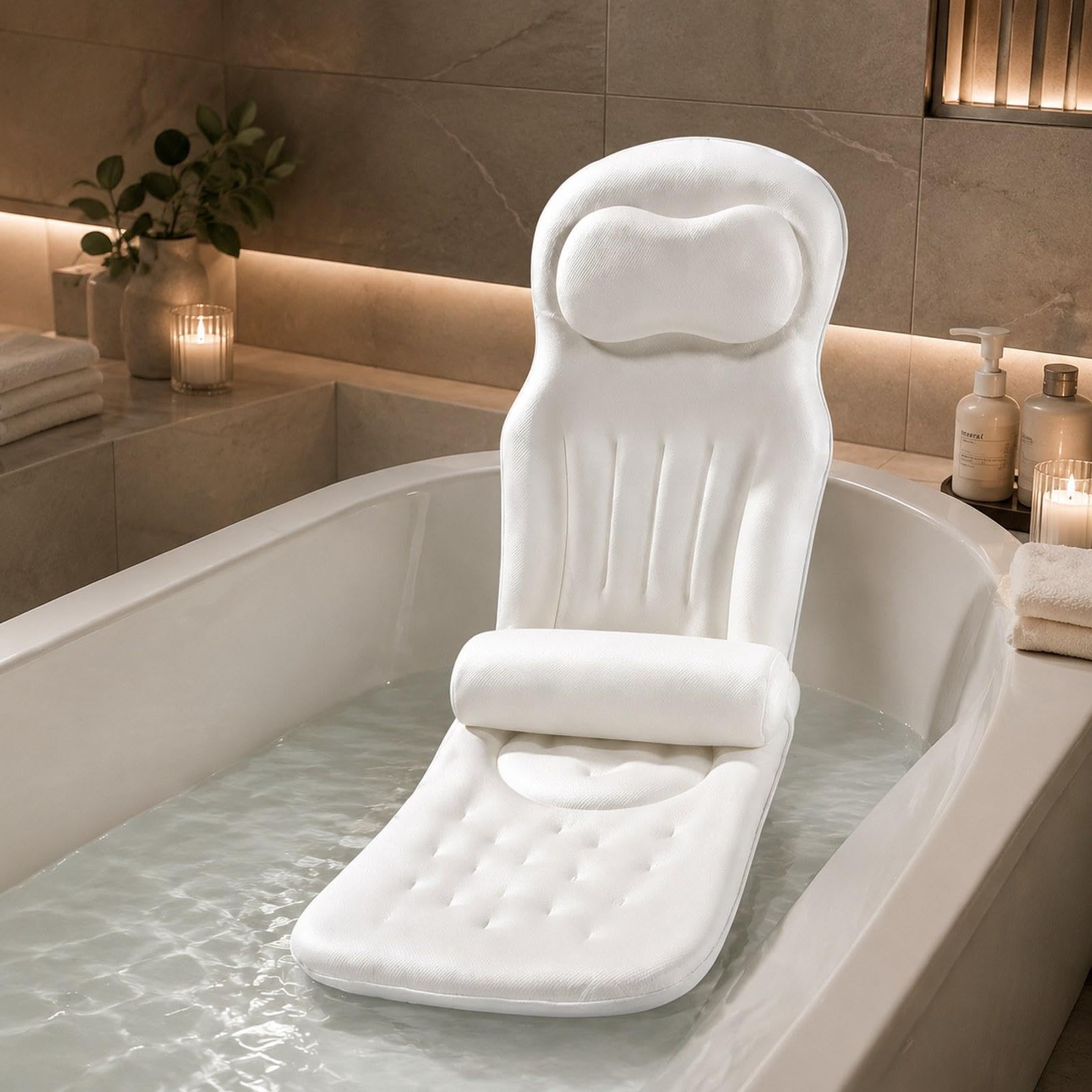 Cuscino Vasca da Bagno Cuscino Corpo Intero per Vasca Cuscino Confortevole da Bagno Supporto Schiena Testa Ventose Salde Tessuto Rete Traspirante Anti, Bianco