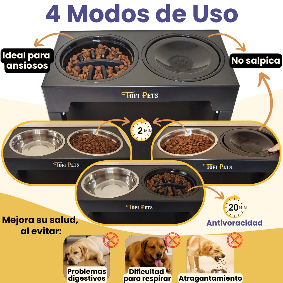 Mangiatoia per cani sollevata 5 altezze | abbeveratoio e mangiatoie per cani in acciaio 2 x 1200 ml, mangiatoia lenta per cani, abbeveratoio antigoccia, tappeto in silicone + porta borse per