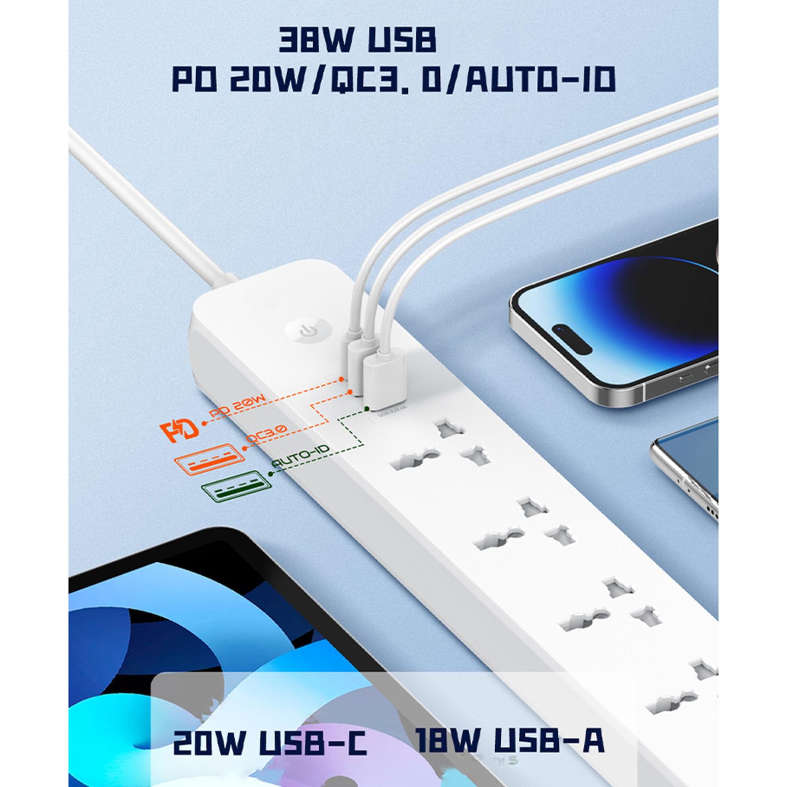 Multipresa 8 in 1 con 5 prese CA + 2 USB + 1 TypeC, protezioni multiple di sicurezza, uscita di identificazione intelligente