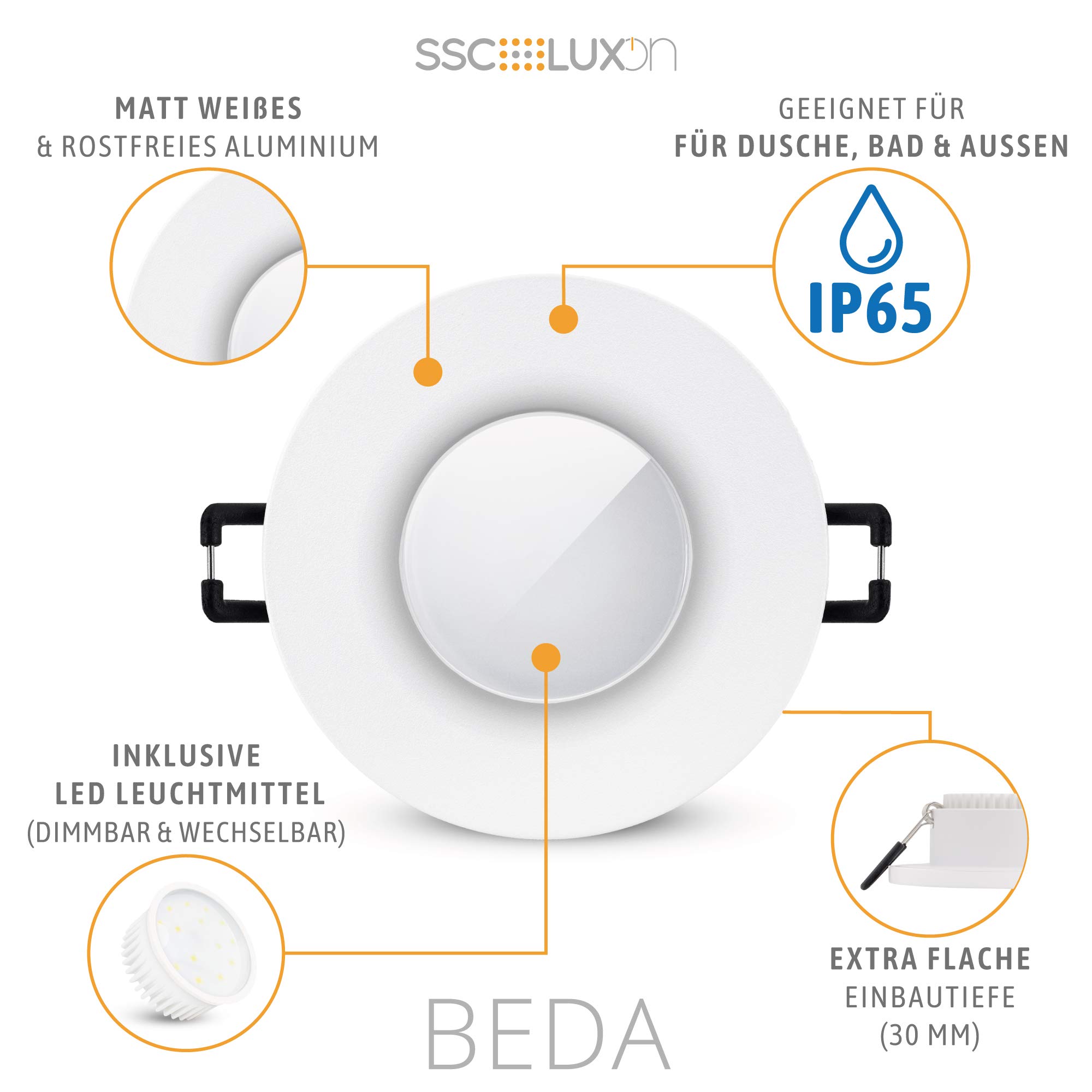 SSC-LUXon BEDA Einbaustrahler IP65 flach dimmbar mit LED Modul wechselbar 4W warmweiß - Einbauspot Dusche außen weiß rund 230V