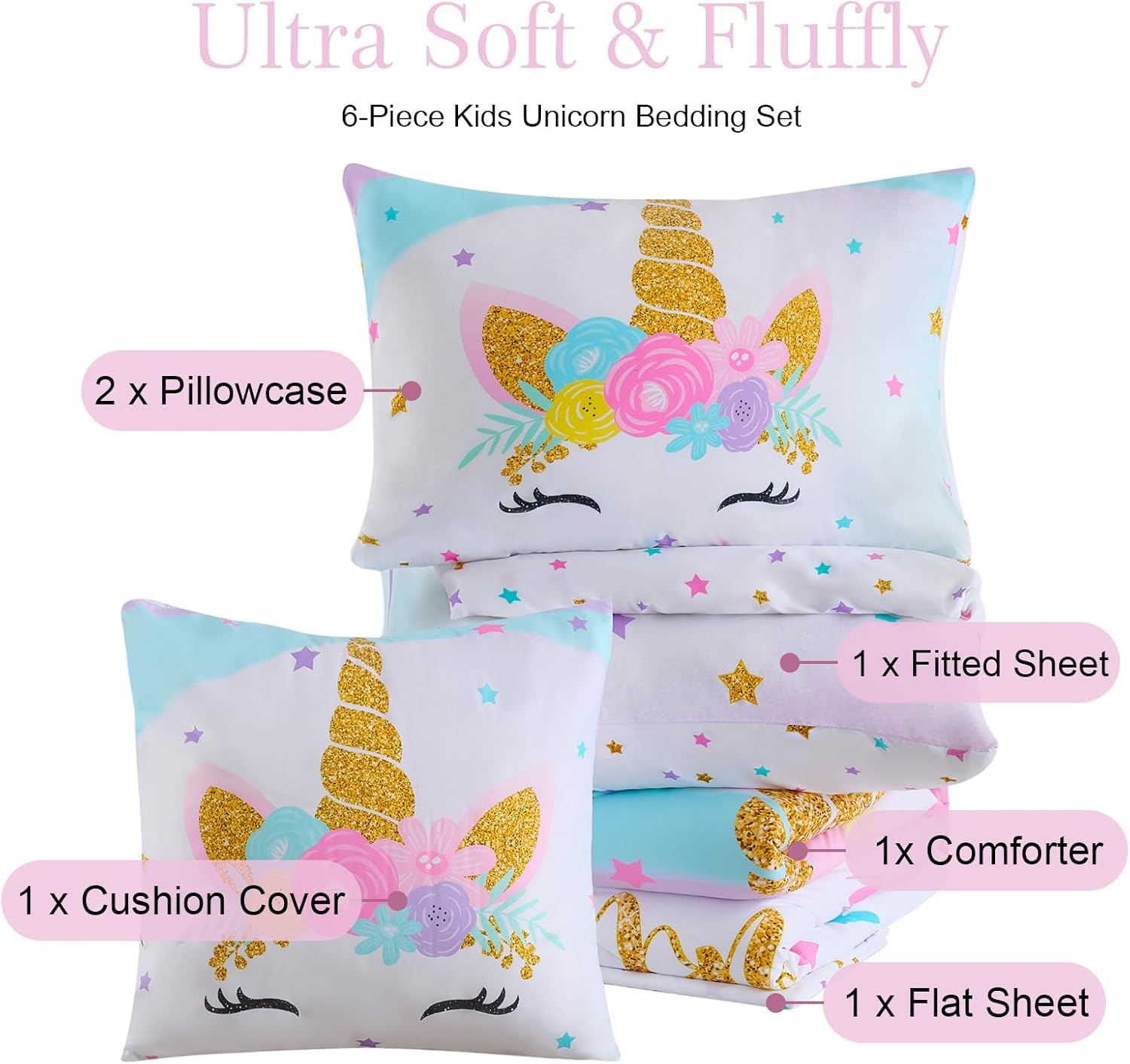 Cokouchyi Twin Size Comforter Set for Girls, 6-Piece Bed in a Bag, 3D Colorful Unicorn Bedding Comforter Sheet Set, Ultra Soft and Fluffy, Pink & Rainbow Color - Image 3