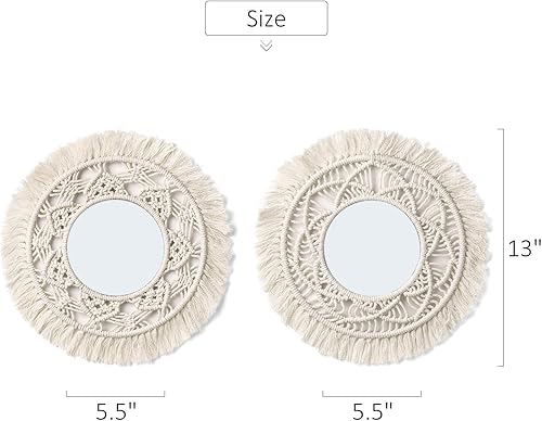Miniatura 5 de Mkono Hanging Wall Mirror with Macrame Fringe 2 Set Small Round Decoration Boho Antique Mirror for Apartment LivingRoom Bedroom Baby
