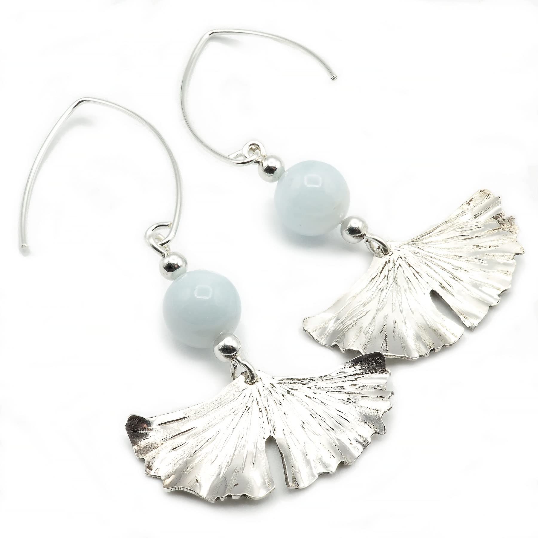 Pendientes de Aguamarina y Plata 925, Diseño de Hoja Ginkgo Biloba, Largos 60 mm