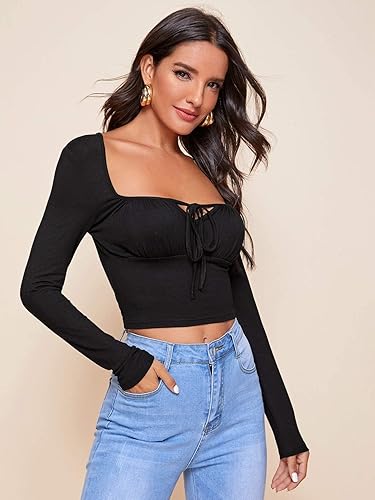 Miniatura 4 de Floerns Camiseta básica de manga larga con cuello cuadrado y lazo frontal para mujer