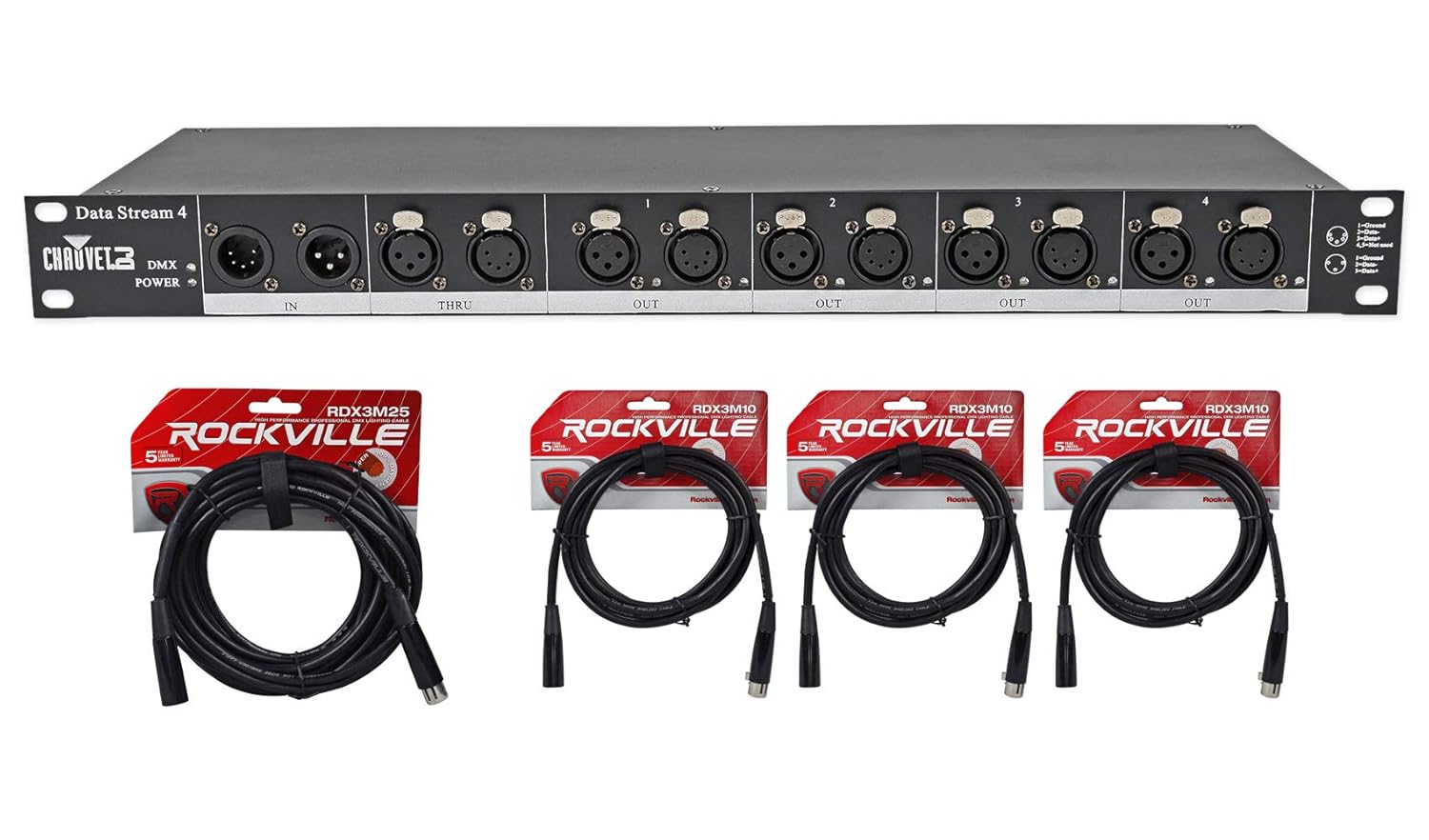 Chauvet DJ Data Stream 4 Datastream 1-4 Optical Splitter + (4) DMX Cables