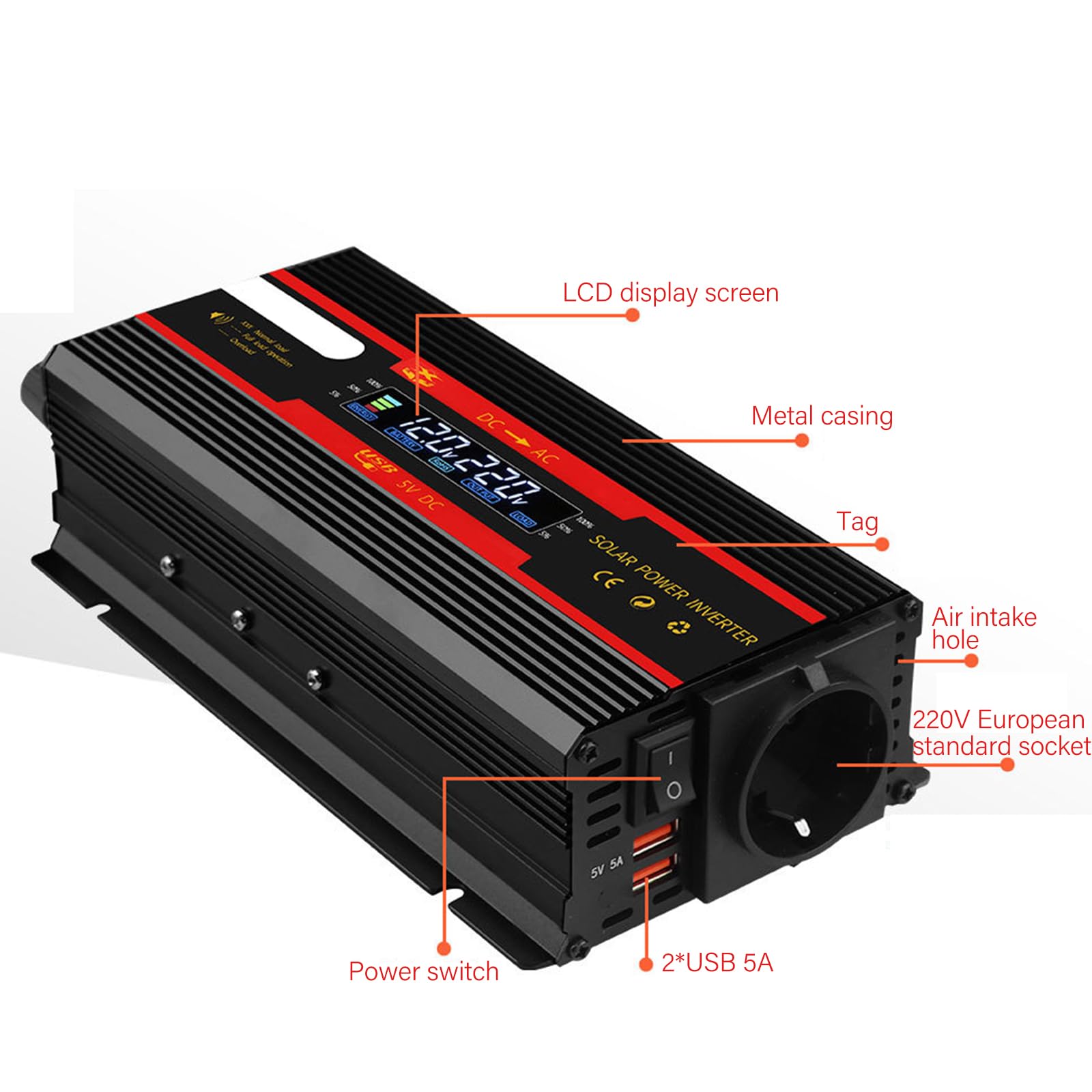 2000W Wechselrichter Spannungswandler 12V auf 230V, Modifizierte Sinuswelle Inverter mit 1 AC Steckdose & 2 USB Port Stromwandler und LCD-Anzeige, Stromumwandler Adapter für Auto KFZ Wohnwagen LKW